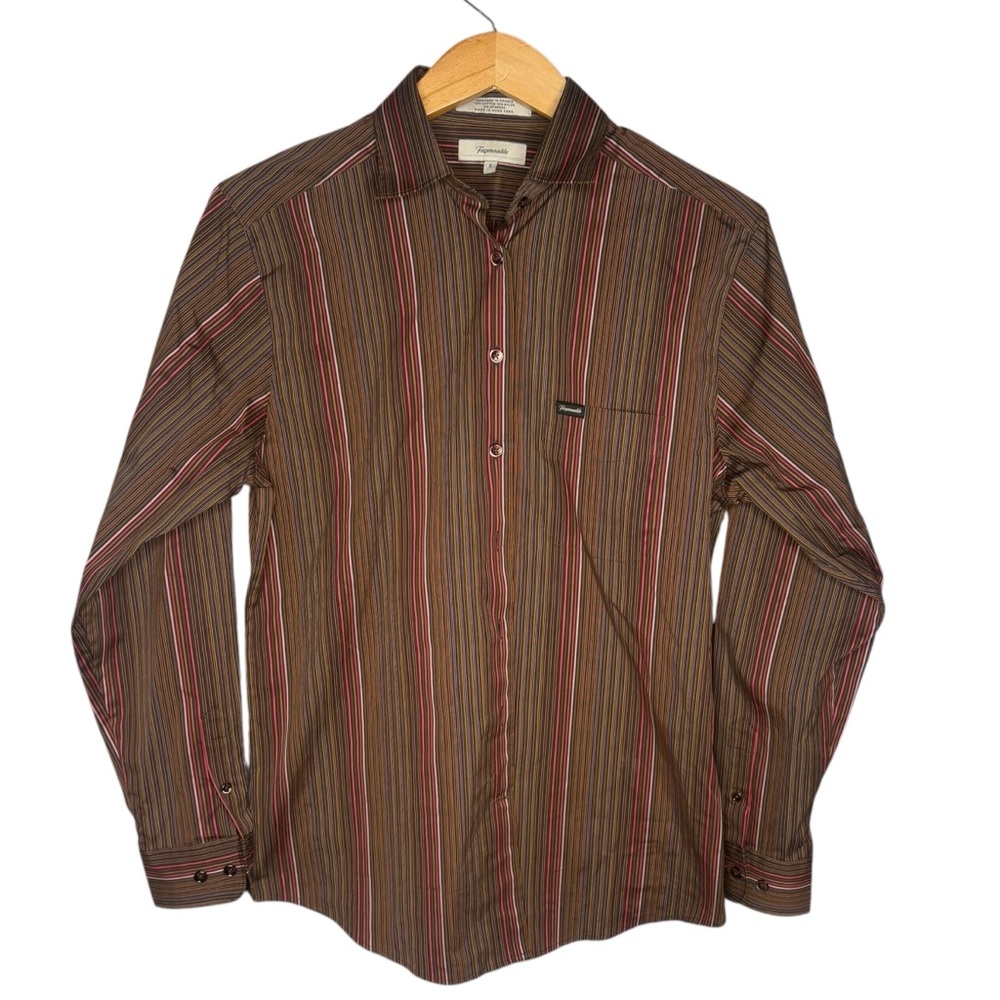 Faconnable button down Dress Shirt Brown Pink Vertical Stripes Mens size small